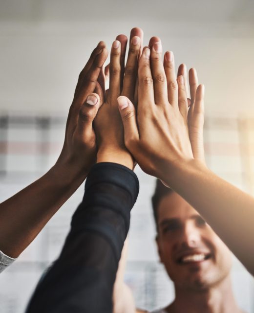 Fitness, success and high five of people in gym for motivation, support and target. Workout, exercise and training with hands of friends in sports center for team building, challenge and achievement.